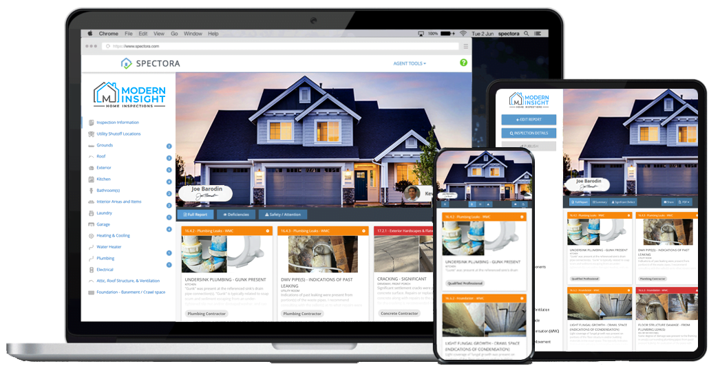laptop and mobile devices displaying an inspection report generated in Spectora