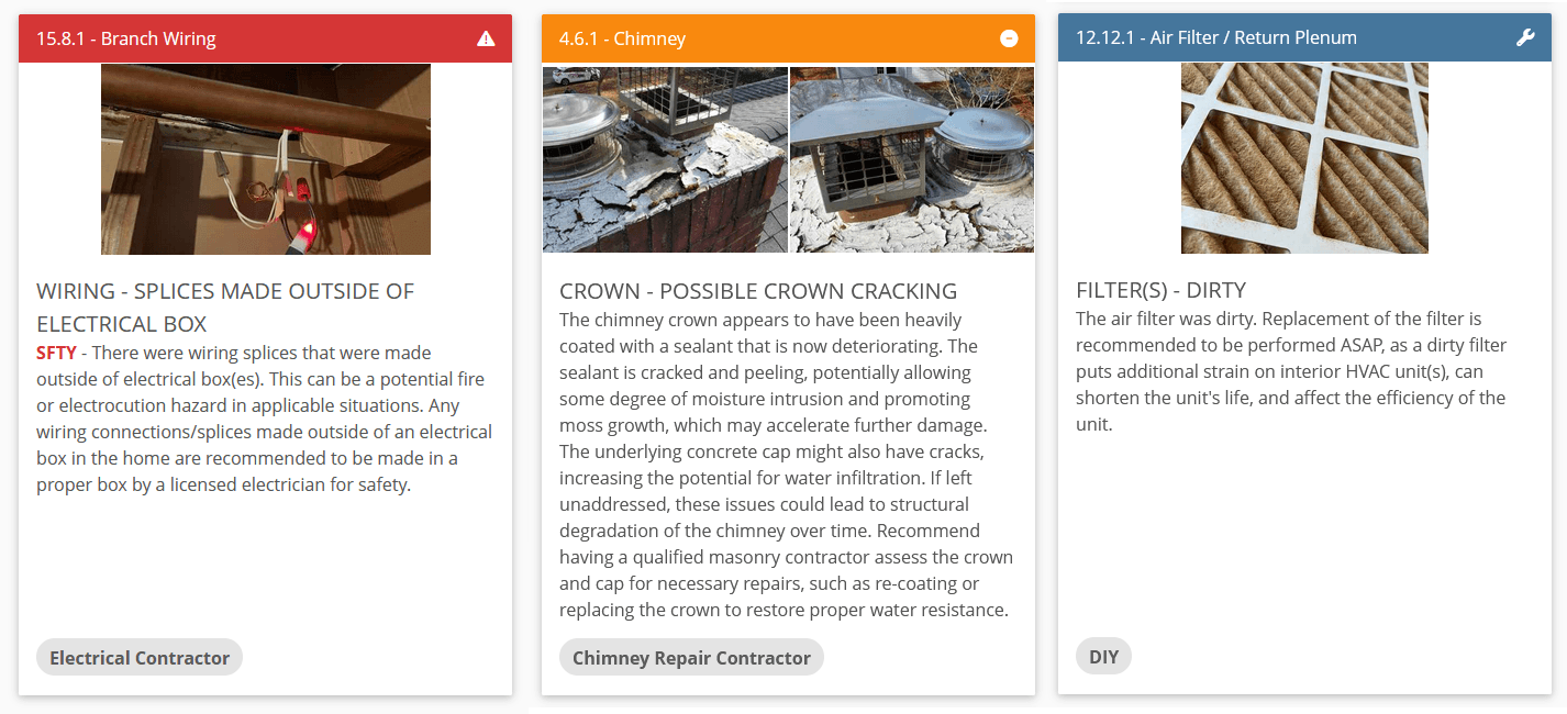 Screenshot of a home inspection report categorizing defects by color into significant, marginal, and minor/maintenance types.