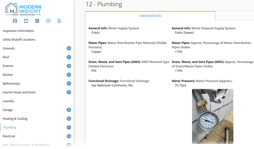 Screenshot of a home inspection report displaying major system categories along with informational details about the property