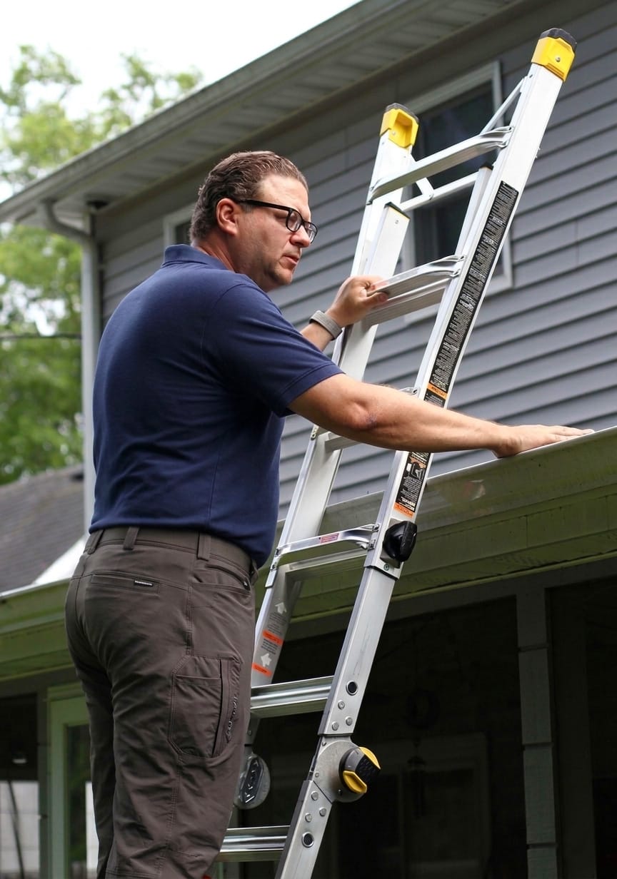 home inspector Joe on ladder looking closely at roof