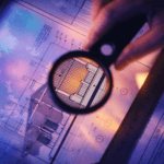 Magnifying glass over architectural blueprints, representing the detail and scrutiny of a professional home inspection