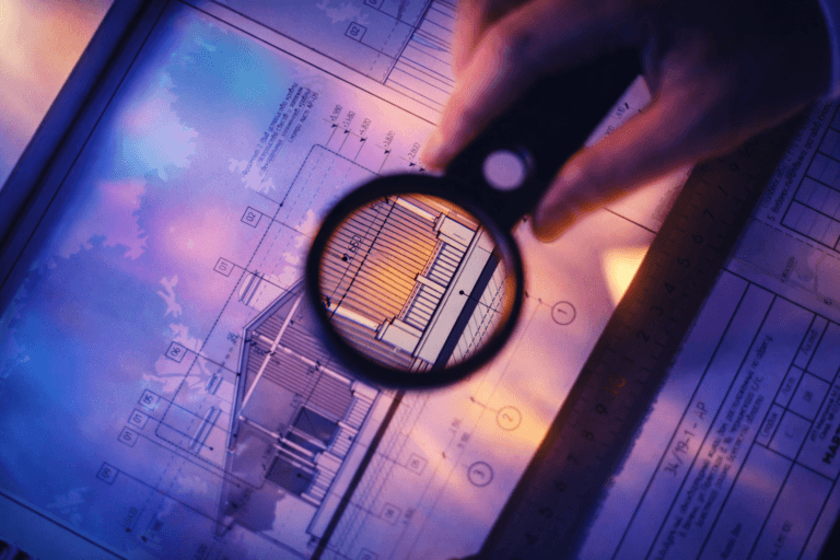 Magnifying glass over architectural blueprints, representing the detail and scrutiny of a professional home inspection