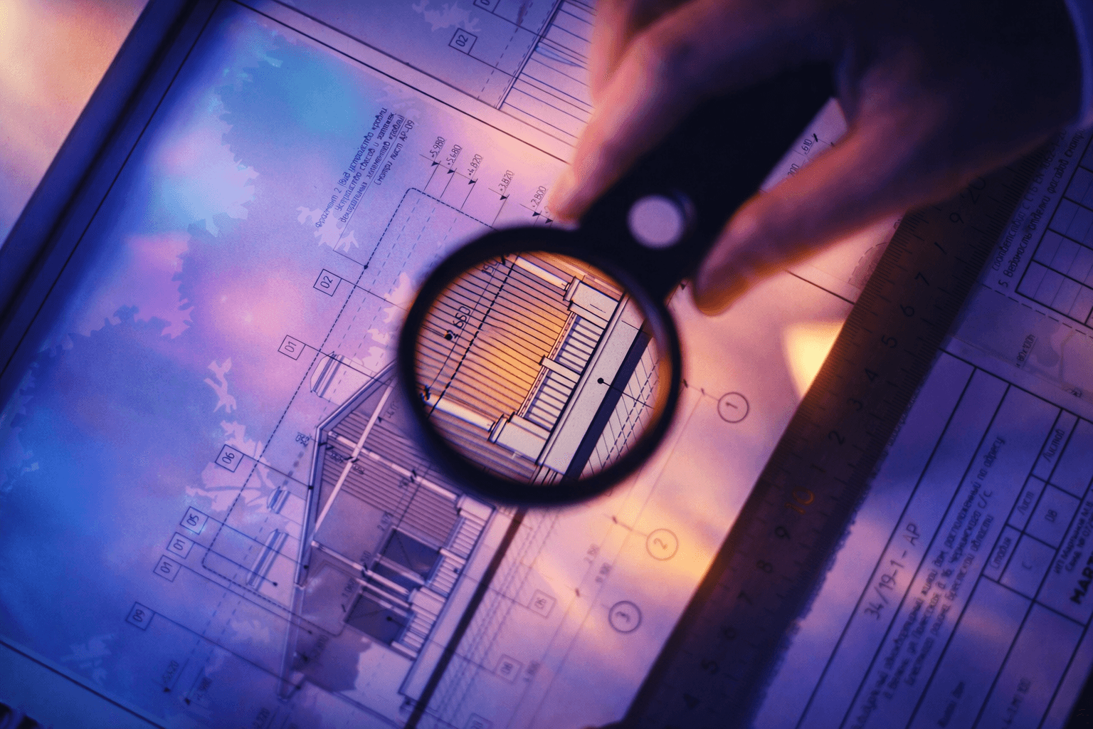 Magnifying glass over architectural blueprints, representing the detail and scrutiny of a professional home inspection