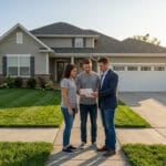 real estate agent reviewing a document with home buyers in front of a suburban home