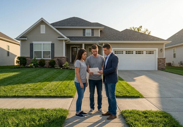 real estate agent reviewing a document with home buyers in front of a suburban home