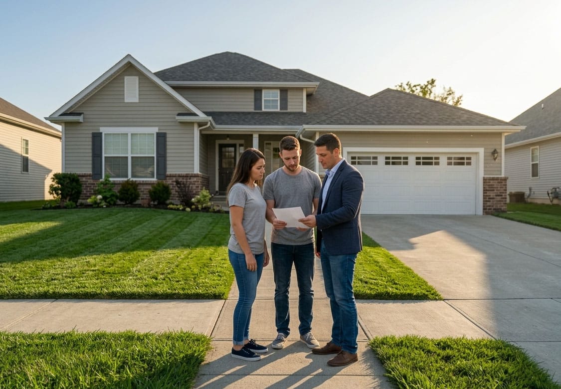 real estate agent reviewing a document with home buyers in front of a suburban home