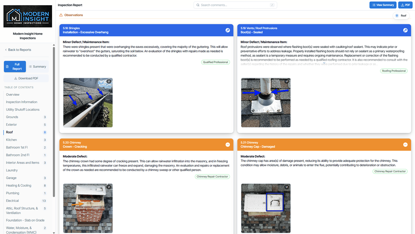 Inspection report sample: every finding includes annotated photos, a severity rating, and who to call, organized by home system so you can jump to what matters.